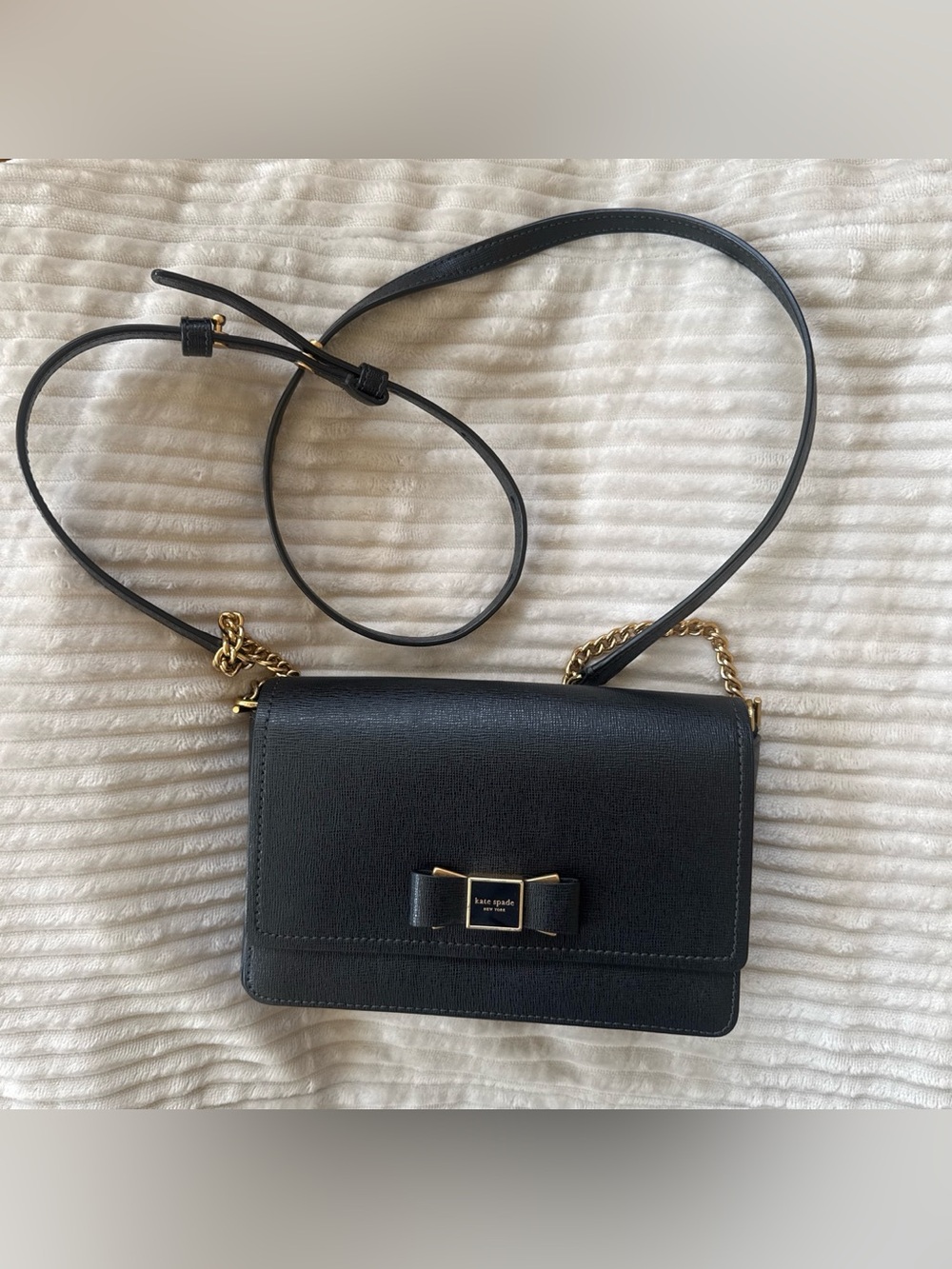 kate spade Black Leather Crossbody with Bow and Gold Chain